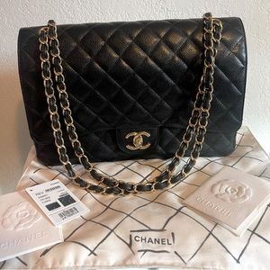 CHANEL Caviar Quilted Maxi Double Flap in Black and Gold ✨